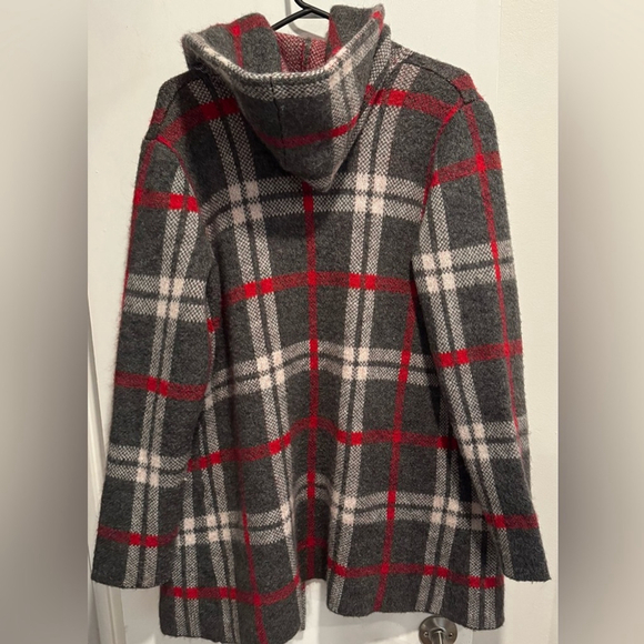 Tahari wool blend hooded cardigan sweater shacket plaid grey red chunky USL warm - Picture 2 of 5